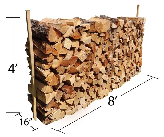 Face cord of split firewood stacked 4 feet high, 8 feet long and one 16-inch row deep